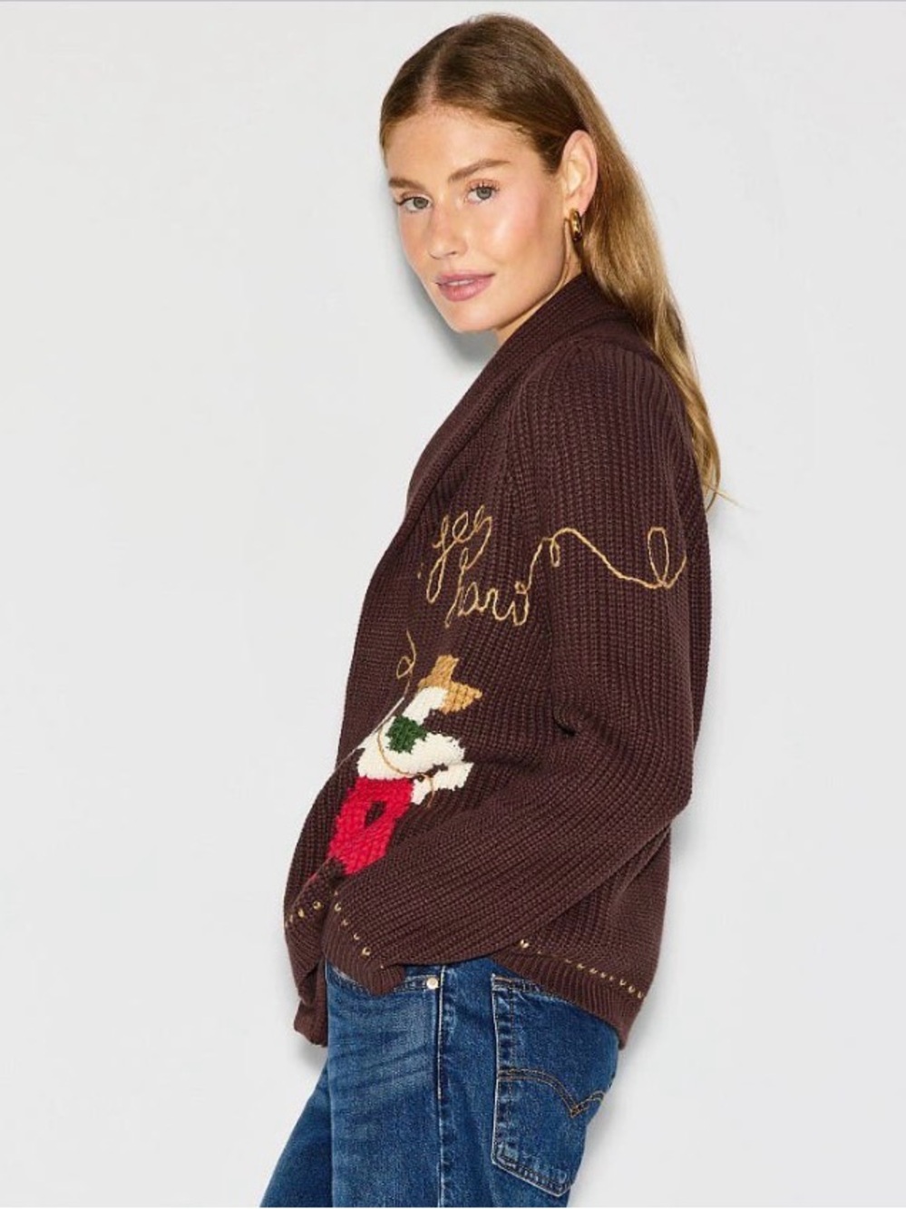 THE GREAT. chocolate Brown Knit Cardigan with Rodeo Intarsia lasso lodge sweater - Picture 8 of 9